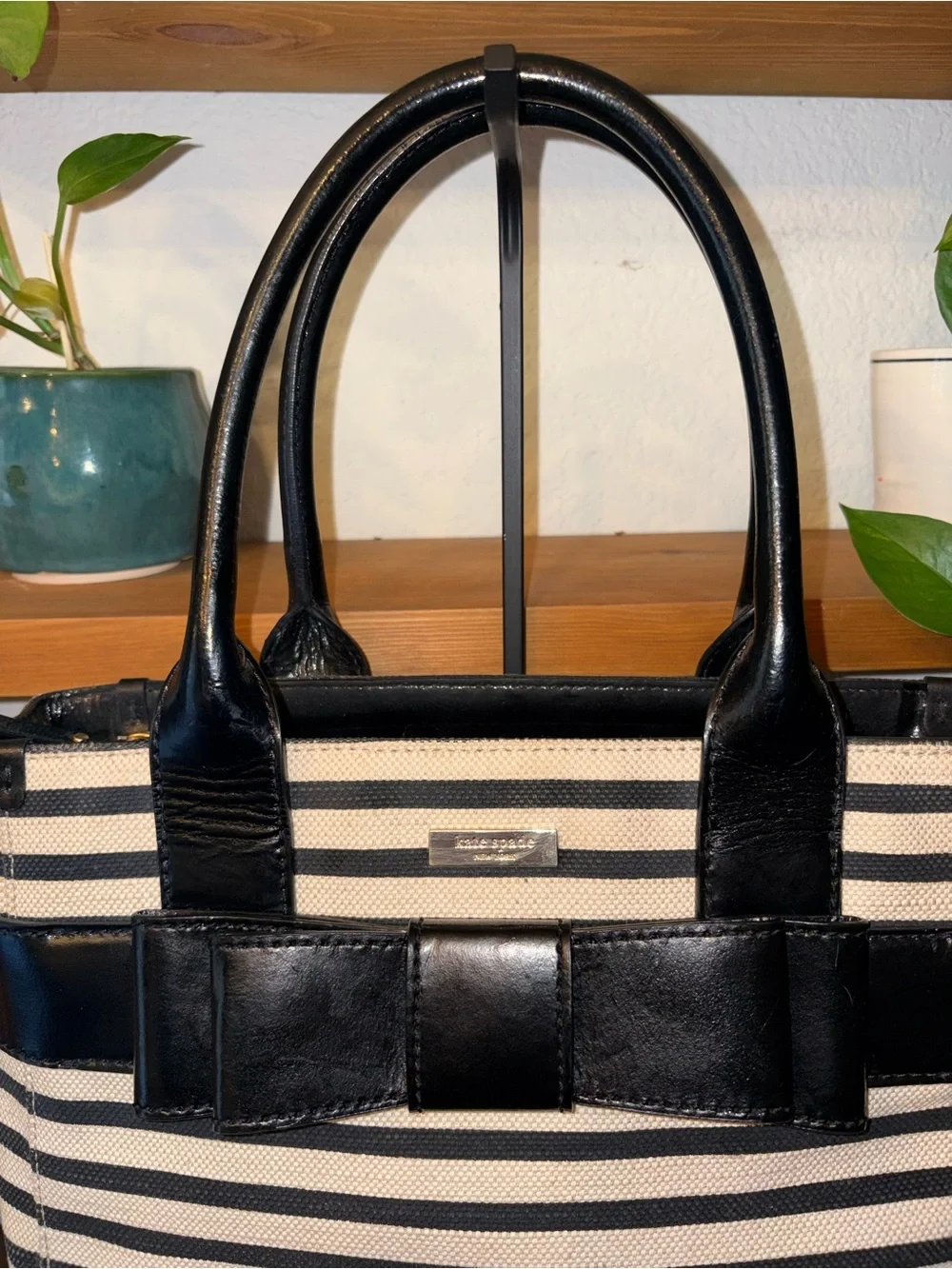 Kate Spade Quinn Villabella Black Cream Striped Canvas Bow Tote